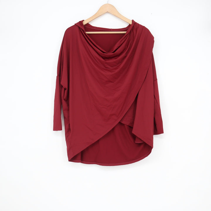 Kyodan Womens Draped Crossover Hoodie Cowl Neck Burgundy Activewear Top