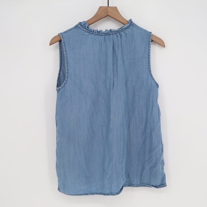 Time and Tru Womens Medium Blue Lyocell Ruffle Neck Sleeveless Blouse M 8-10