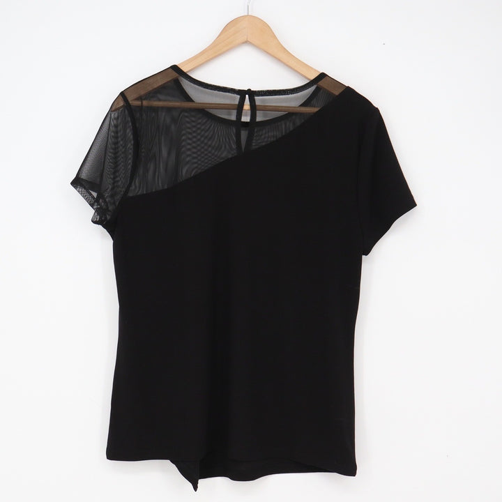 INC Top Womens L Mesh Asymmetrical Yoke Black Short Sleeve Stretch Excellent