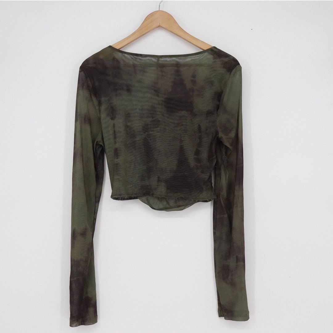 Free People Mesh Ruched Tie Dye Long Sleeve Crop Top Olive Green Black Large