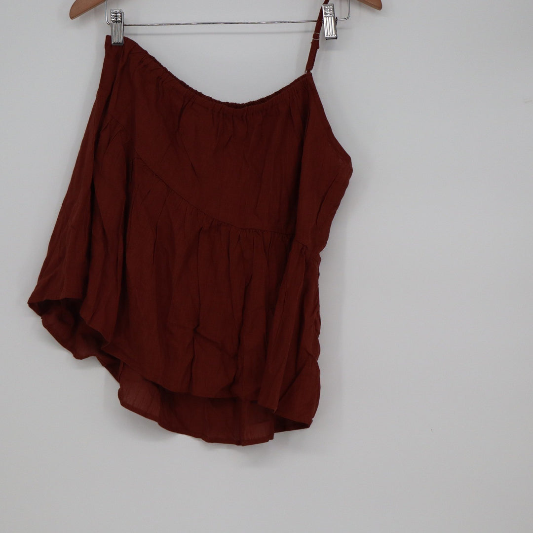 Shein Curve Rust Brown One Shoulder Asymmetrical Linen Blend Ruffle Top 0XL