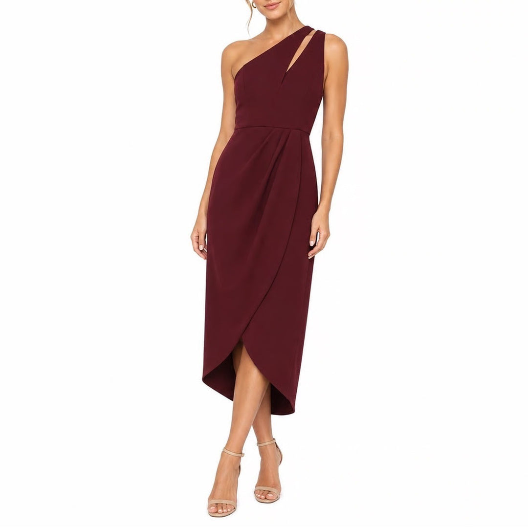 Lulus Burgundy One Shoulder Tulip Midi Dress Small Wine Asymmetrical Cutout