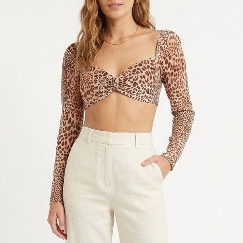 Naked Wardrobe Leopard Print Velvet Burnout Crop Top Womens Small