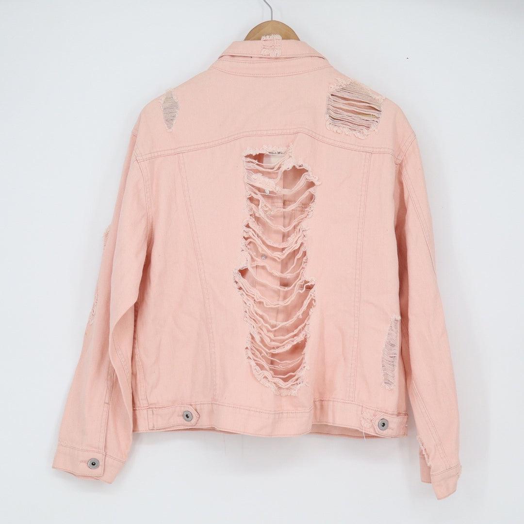Rue21 Denim Jacket Womens L Pink Distressed Shredded Cotton NEW