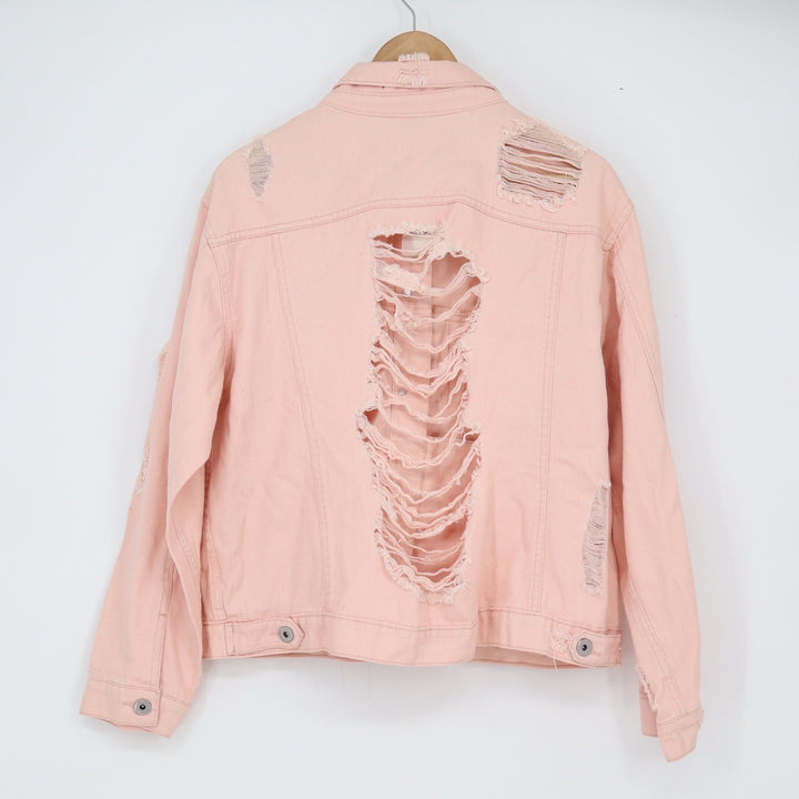 Rue21 Denim Jacket Womens L Pink Distressed Shredded Cotton NEW