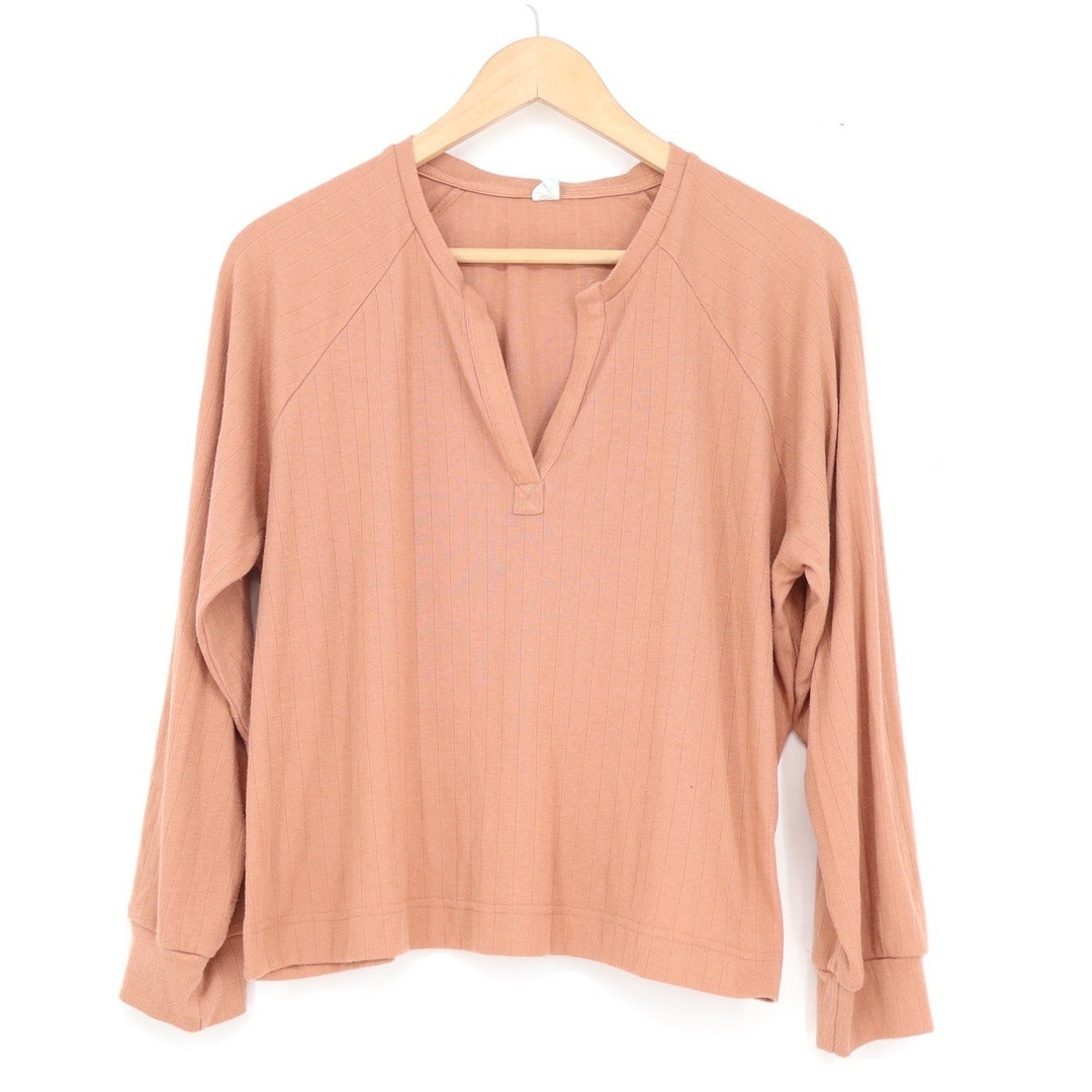 Bliss Women Ribbed Knit Split V-Neck Raglan Long Sleeve Top Terracotta Clay M