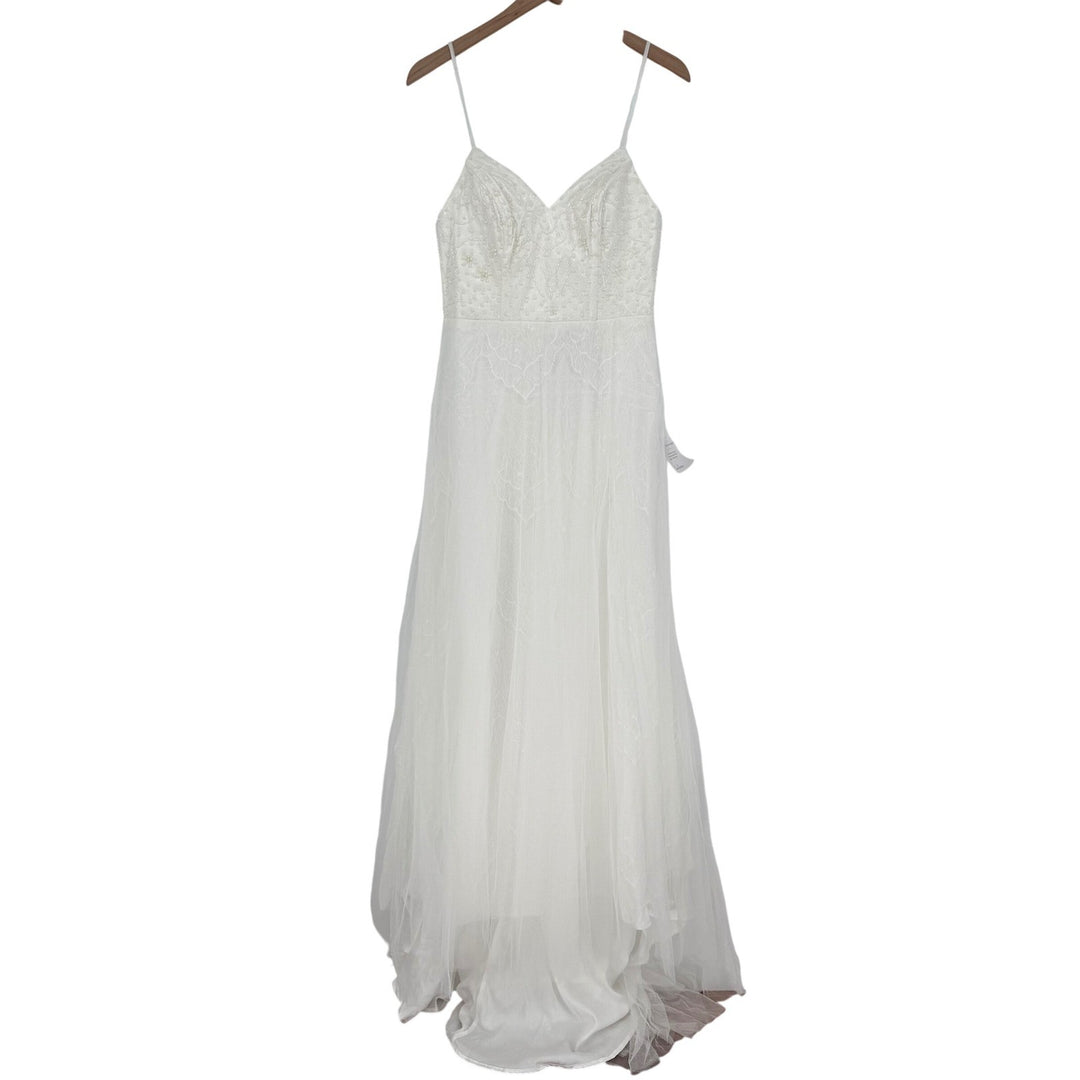 Lulus Love Perfection White Lace Tulle Pearl Beaded Maxi Dress Size M