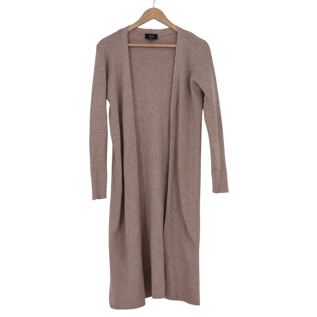 VICI Womens Ribbed Knit Long Duster Cardigan Open Front Taupe Mauve Large