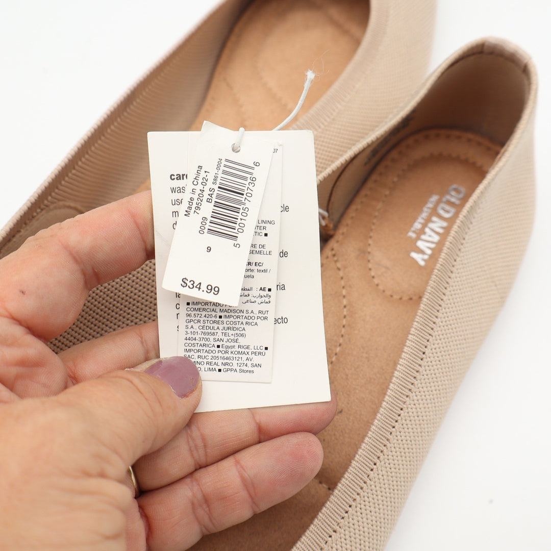 Old Navy Womens Pointed Toe Knit Ballet Flats Tan Beige Washable Size 9 NEW