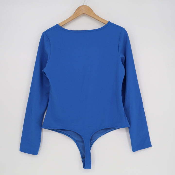 Saungkuai Bodysuit One Piece Womens XL Blue Rayon Stretch Split Neck Long Sleeve