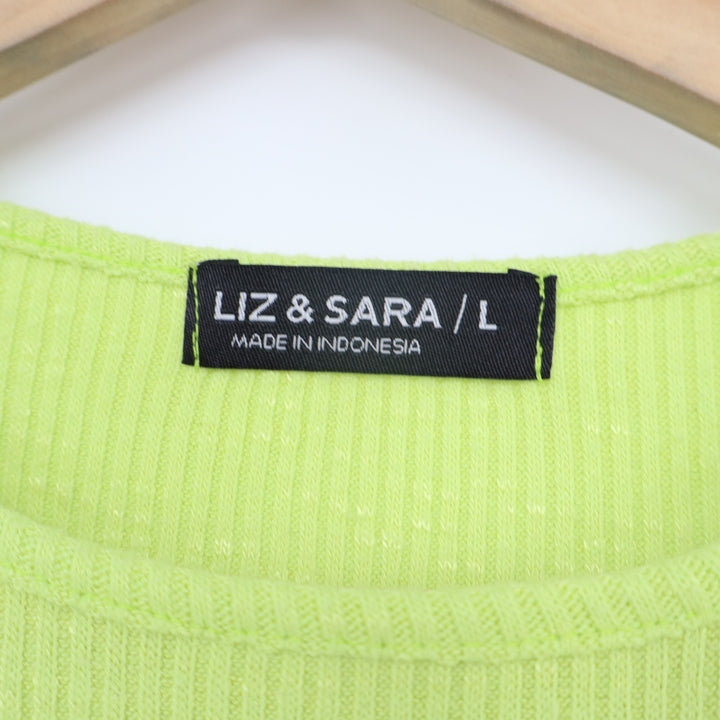 Liz & Sara Crop Top Womens Large Green Stretch Ribbed Short Sleeve Round Neck