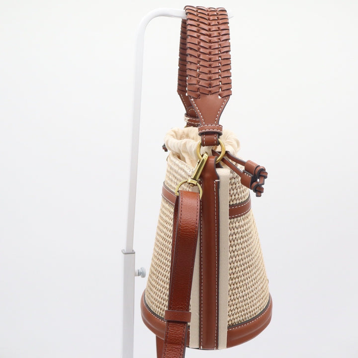 House of Harlow 1960 Woven Straw Leather Bucket Bag Brown Beige Crossbody