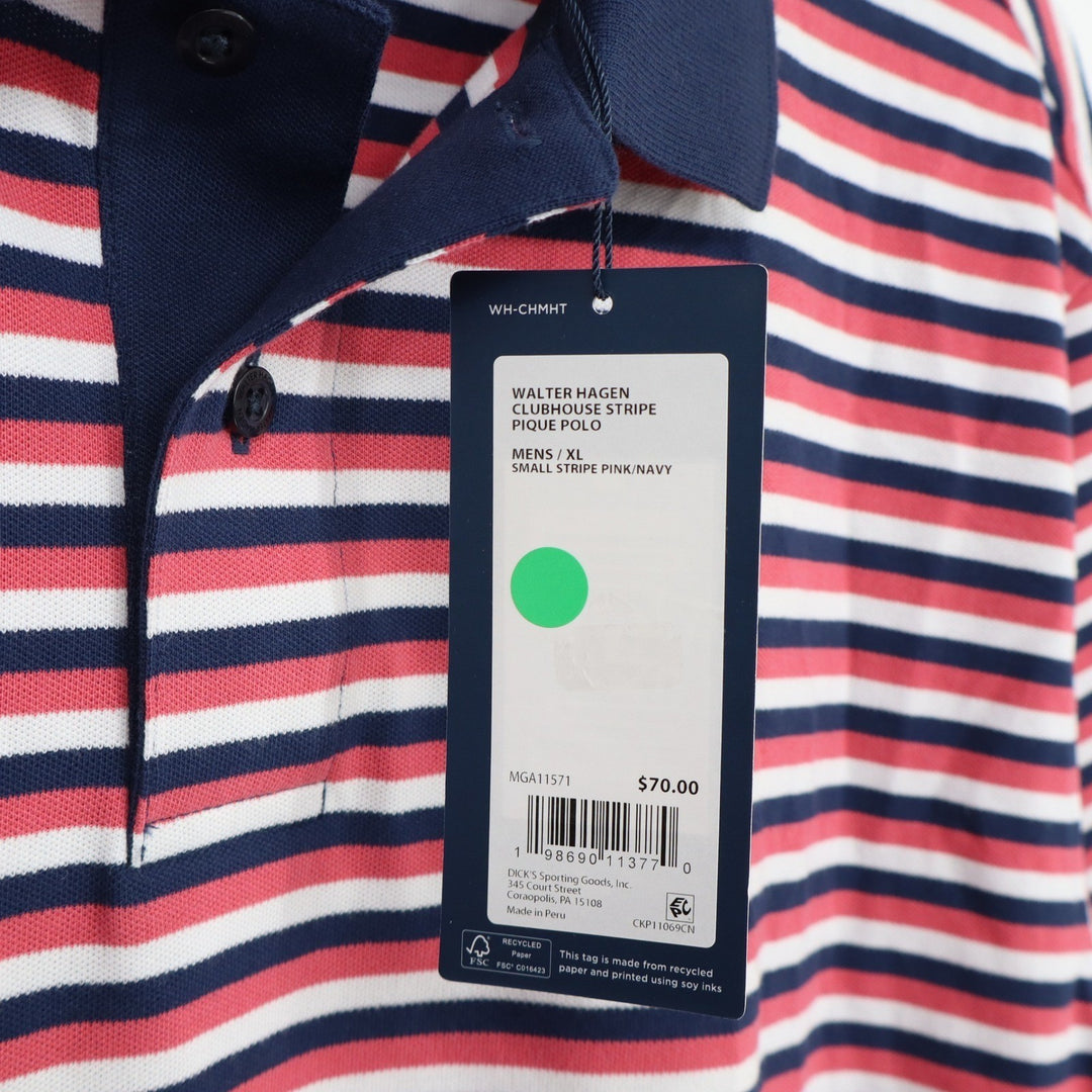 Walter Hagen Mens Clubhouse Stripe Pique Polo Shirt Pink Navy XL NEW