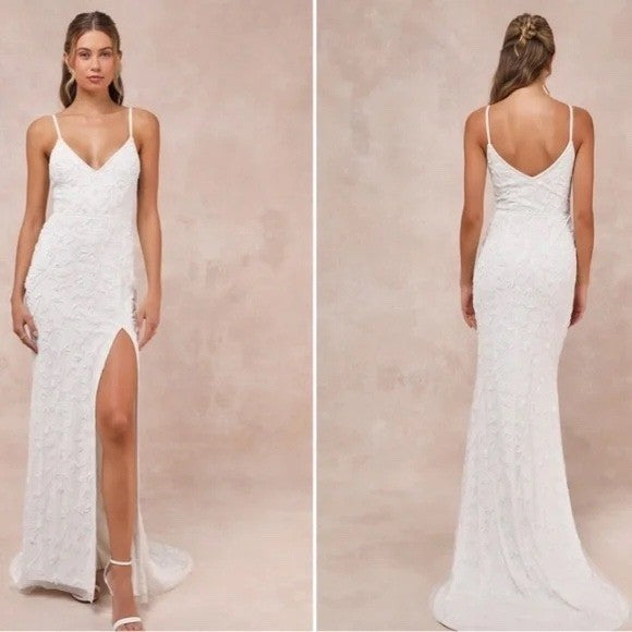Lulus Everlasting Vows White Beaded Sequin Mermaid Maxi Dress Size XL