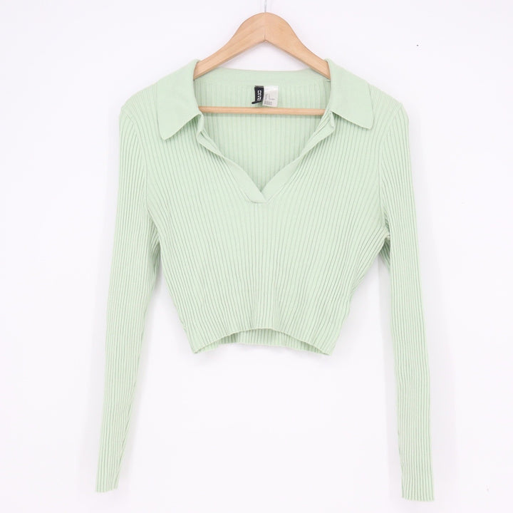 H&M Divided Mint Green Ribbed Cropped Polo Sweater Long Sleeve V-Neck Large