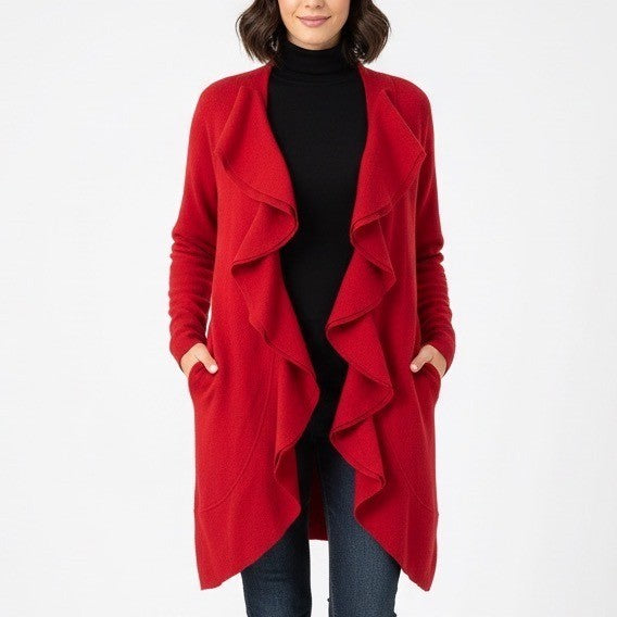Soft Surroundings Cardigan Sweater Womens L Red Wool Layered Ruffle Open Front
