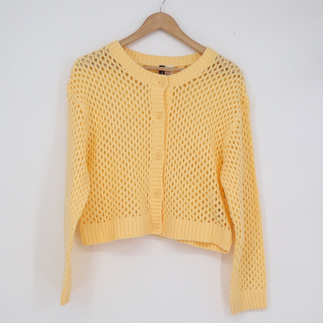 H&M Divided Yellow Open Knit Cropped Cardigan Sweater Mesh Button Front Size M
