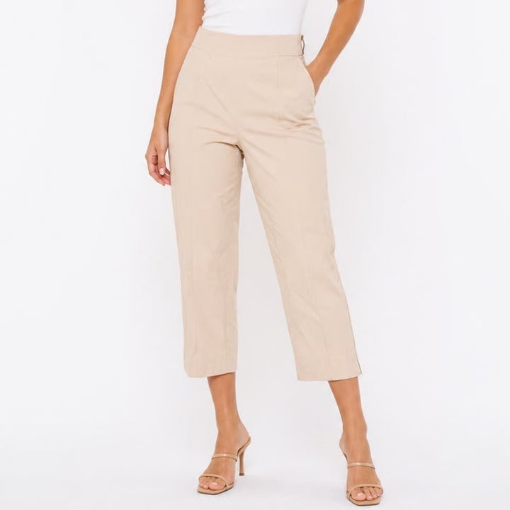 Gallia Moda Womens Beige Stretch Cotton Side Zip Cropped Trousers Pants Size 10