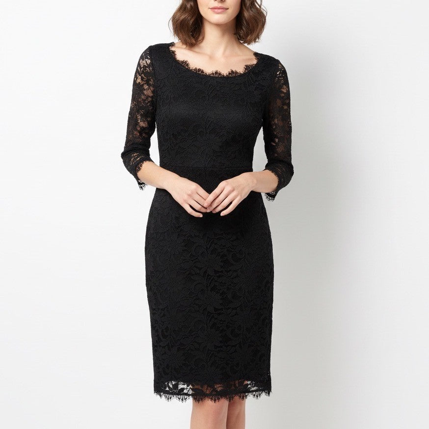 ONYX Nite Black Lace Sheath Dress 3/4 Sleeve Made in USA Size 12