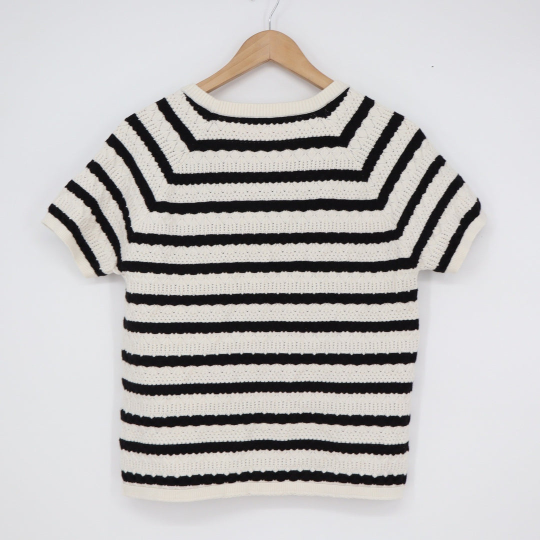 Chelsea & Theodore Womens Striped Pointelle Short Sleeve Sweater Black White L