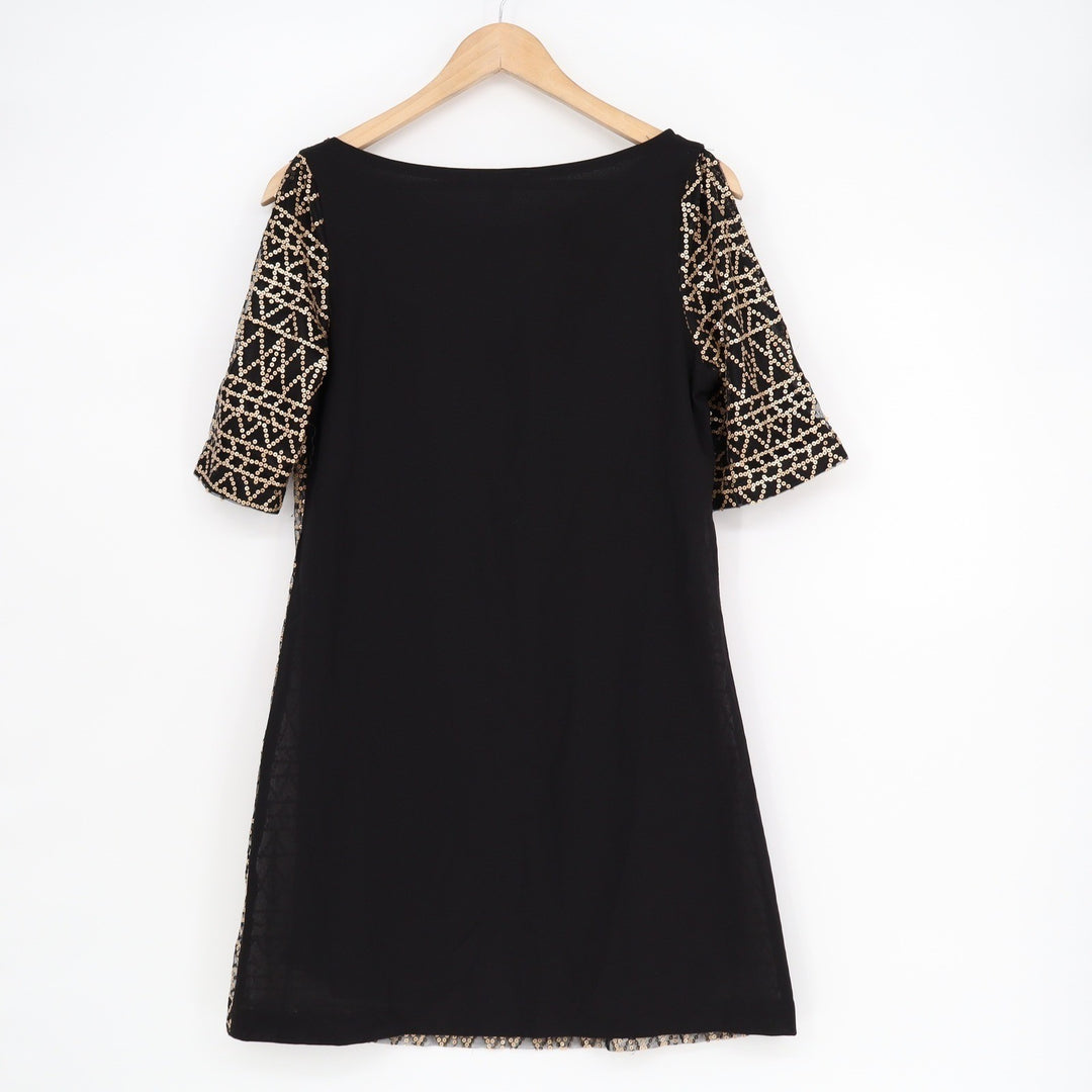 Peppe Peluso Black Gold Sequin Cold Shoulder Shift Dress Size M Geometric DVB981