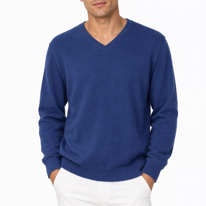 Sweater Mens Royal Blue Knitted Ribbed Long Sleeve V-Neck Pullover Streetwear