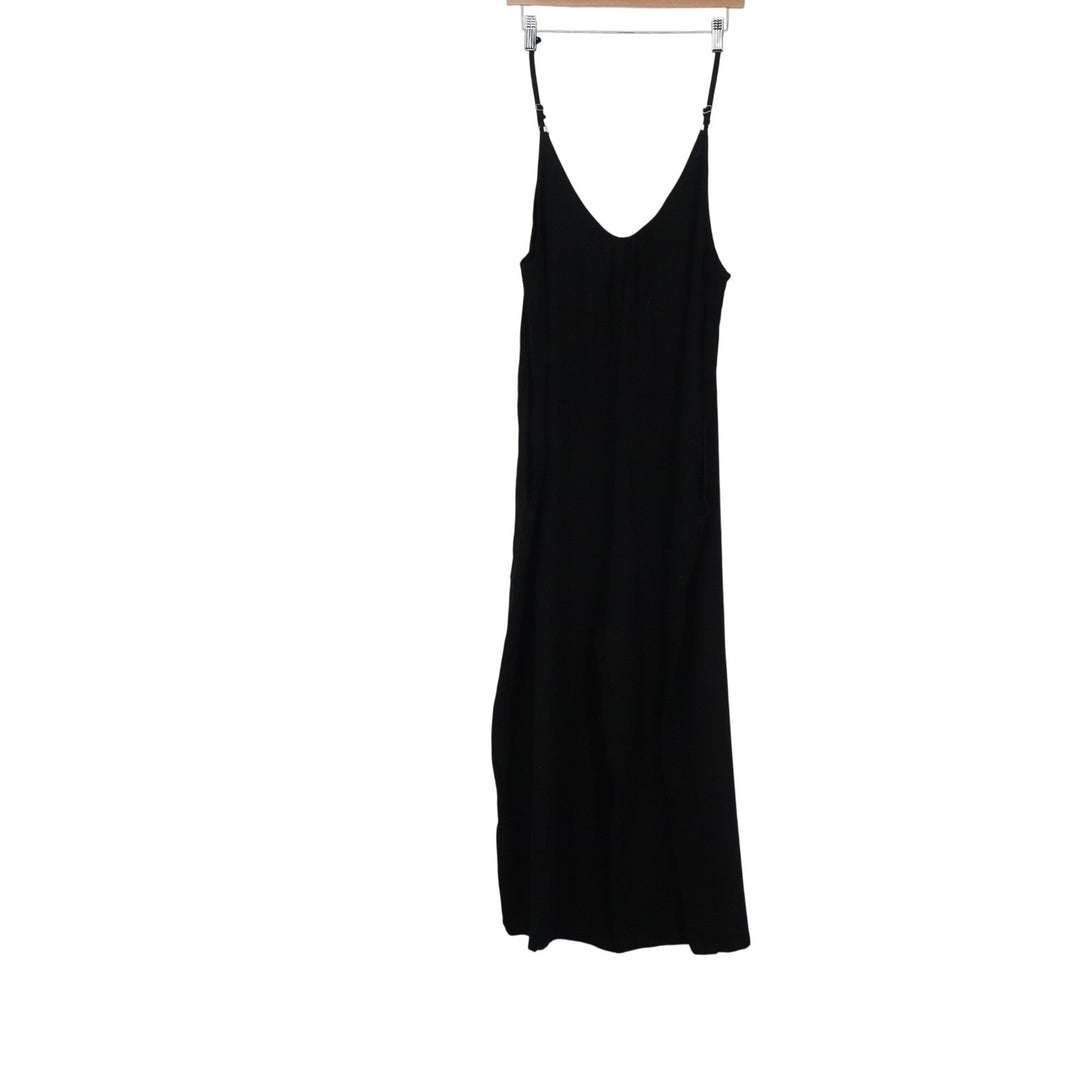 Black Sleeveless V-Neck Maxi Slip Dress Adjustable Spaghetti Straps