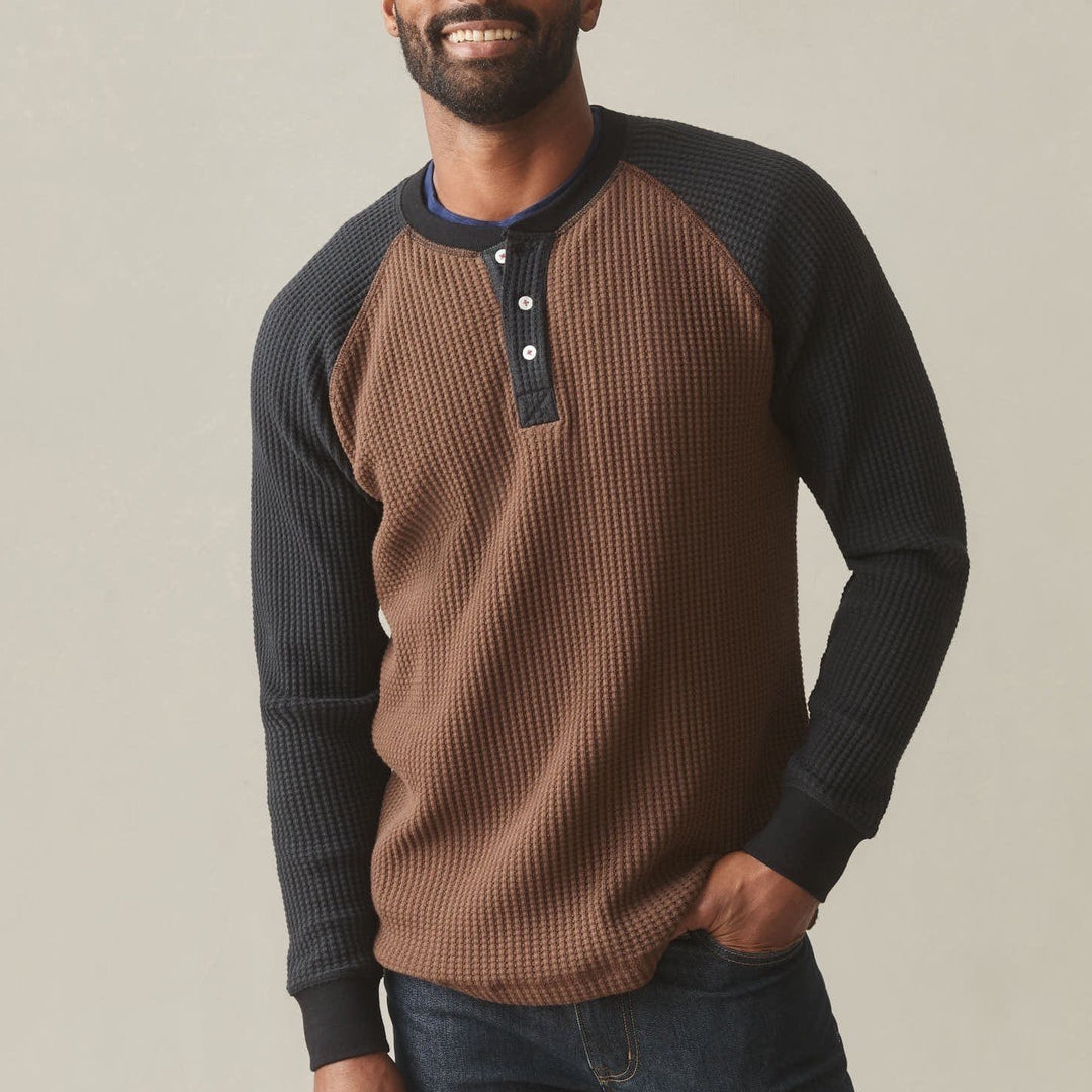 American Giant Shirt Mens XL Cocoa Black Colorblock Waffle Knit Henley Neck
