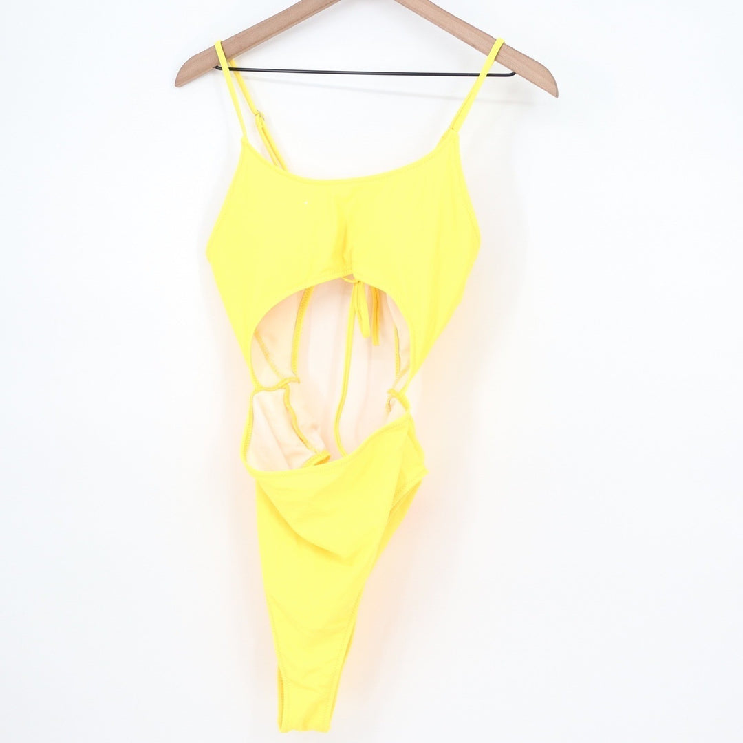 Yellow Cutout Lace Up Back One Piece Swimsuit High Cut XL