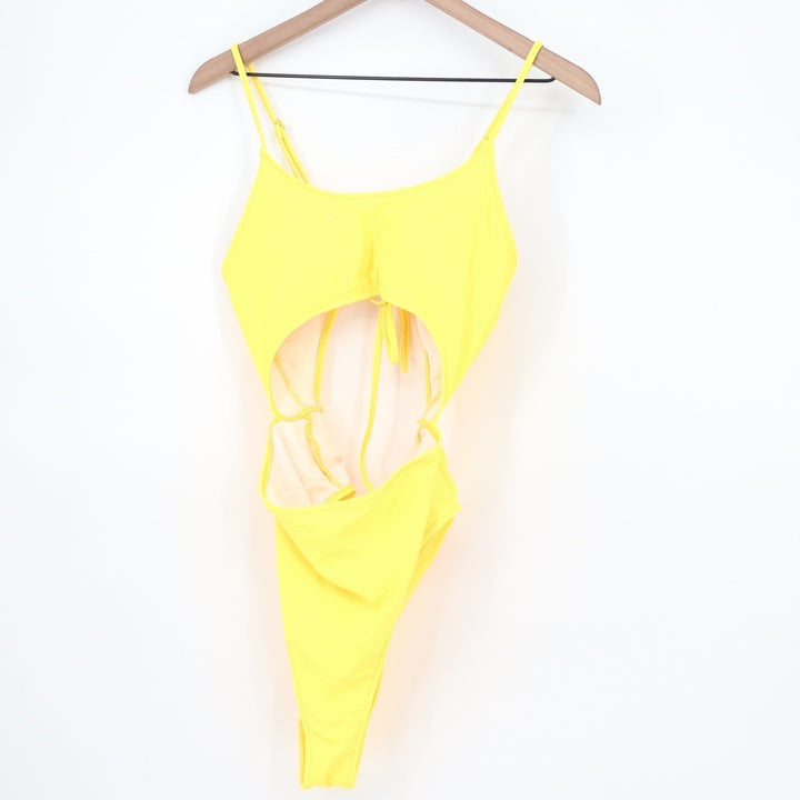Yellow Cutout Lace Up Back One Piece Swimsuit High Cut XL