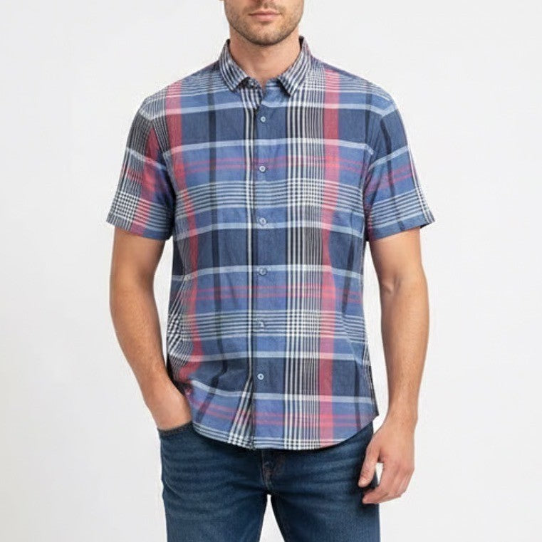 Walter Hagen Clubhouse Mens S Madras Navy Multi Plaid Short Sleeve Shirt