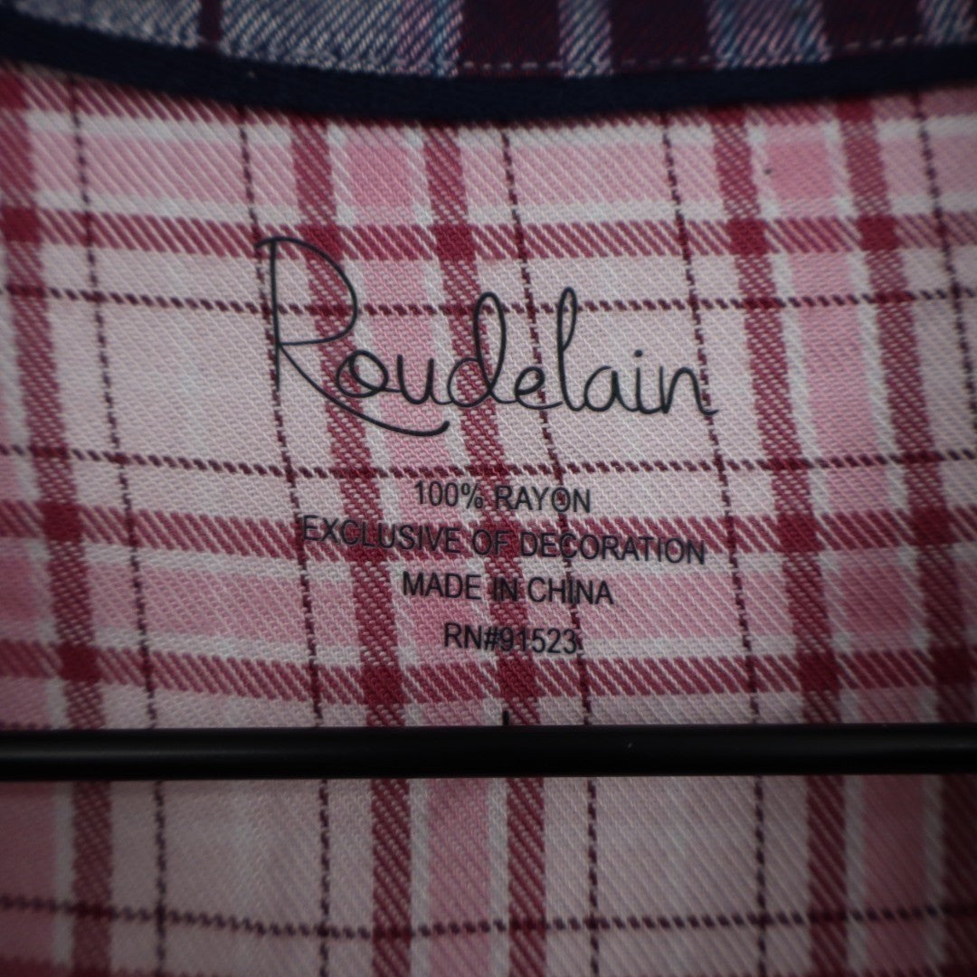 Roudelain Flannel Sleep Shirts Womens L Pink Pleated Spread Collar Long Sleeve