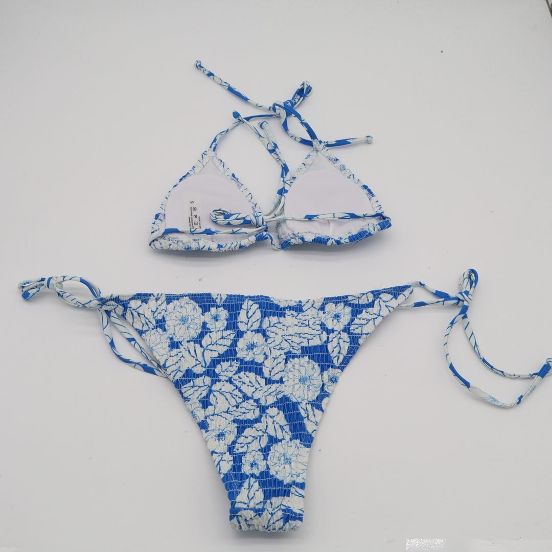 2 Piece Bikini Set Women S Blue Floral Stretch Smocked Spaghetti Straps Swimsuit