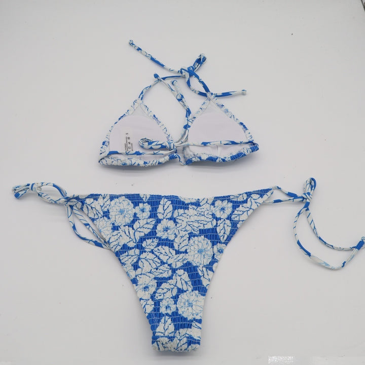 2 Piece Bikini Set Women S Blue Floral Stretch Smocked Spaghetti Straps Swimsuit