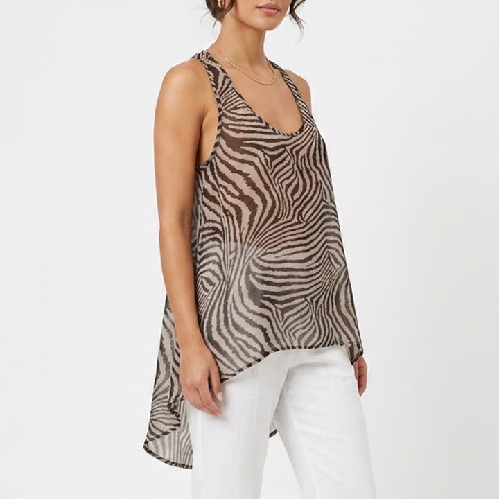 IT'S ME Zebra Print Sheer Racerback Tank Top Draped Open Back Tan Black OS