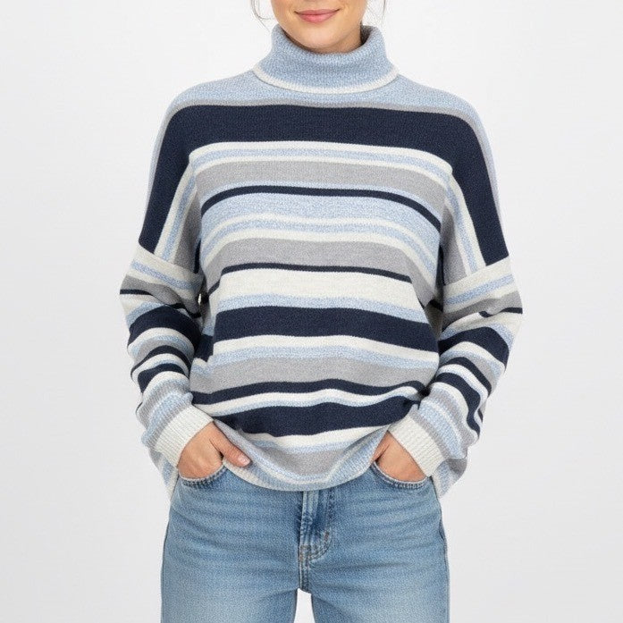 Loft Lou Grey Sweater Womens XL Multicolor Striped Knit Turtle Neck Long Sleeve