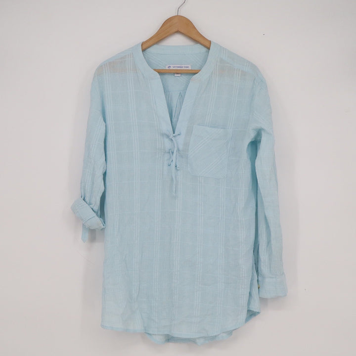 Southern Tide Womens XS Blue Cotton Gauze Lace Up Tunic Roll Tab Sleeve Shirt