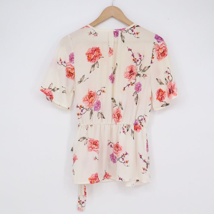 Sienna Sky Womens Floral Wrap Blouse Cream Pink Orange V-Neck Medium