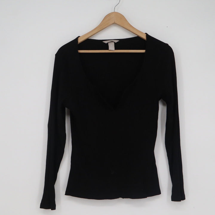HM Womens Black Ribbed Deep V-Neck Long Sleeve Top Large