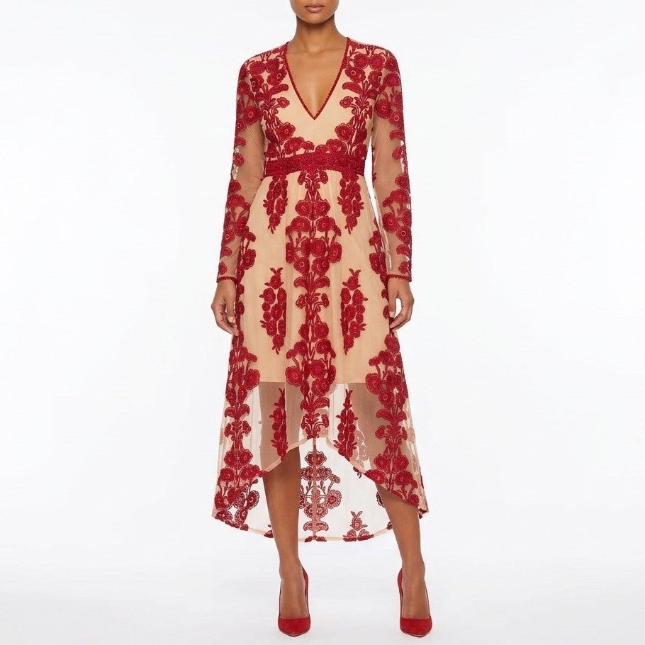 Chicwish Maxi Dress Women M Beige Red V Neck Floral Embroidery Mesh Crochet Trim