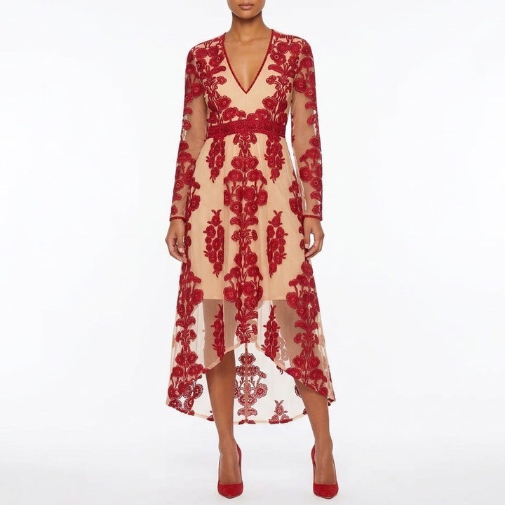 Chicwish Maxi Dress Women M Beige Red V Neck Floral Embroidery Mesh Crochet Trim