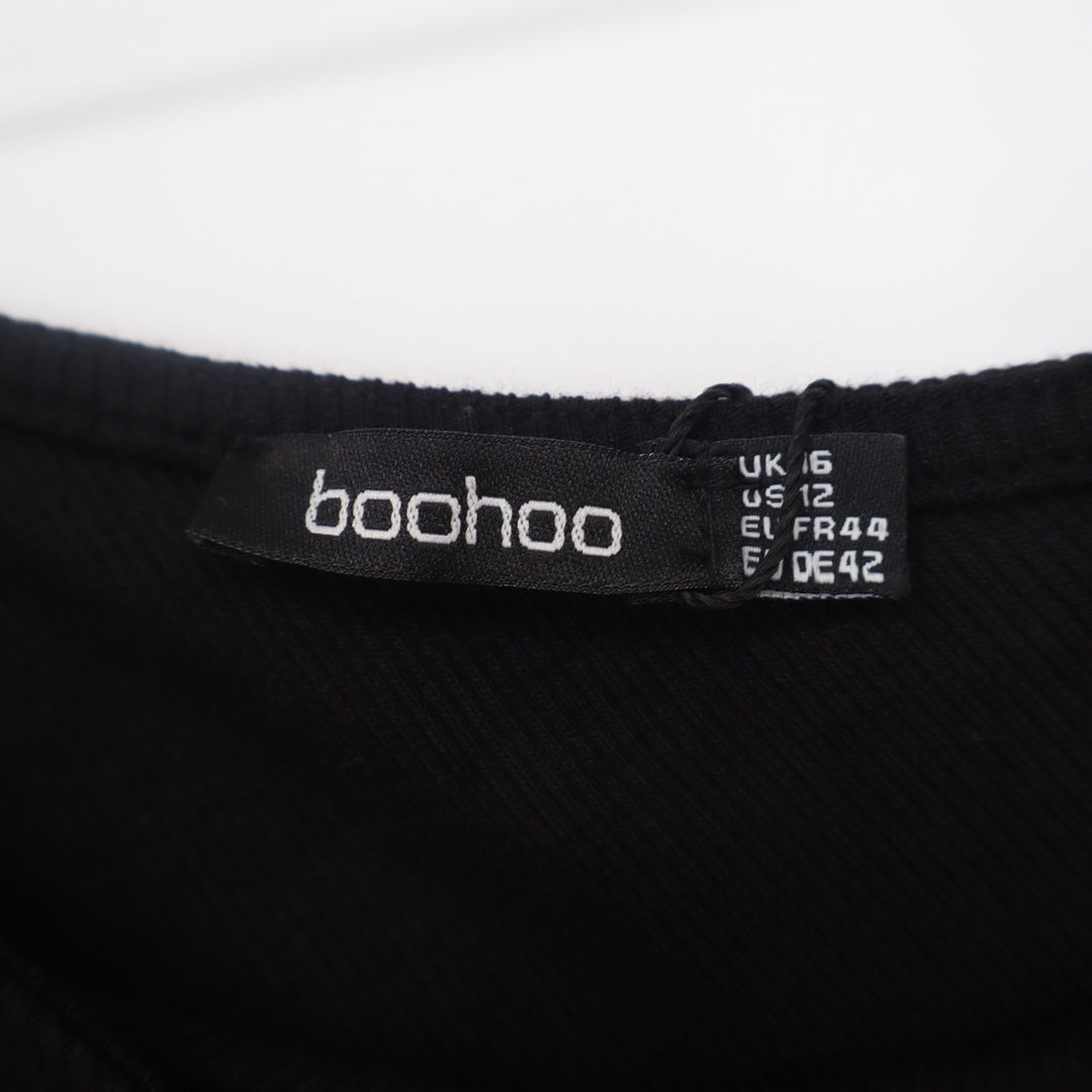 Boohoo Black Ribbed Asymmetric Split Midaxi Dress Long Sleeve Size 12