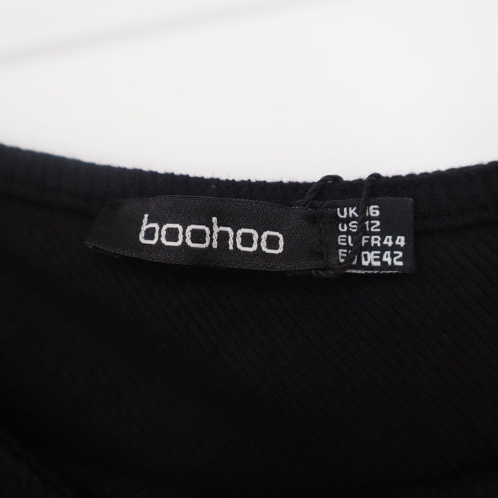 Boohoo Black Ribbed Asymmetric Split Midaxi Dress Long Sleeve Size 12