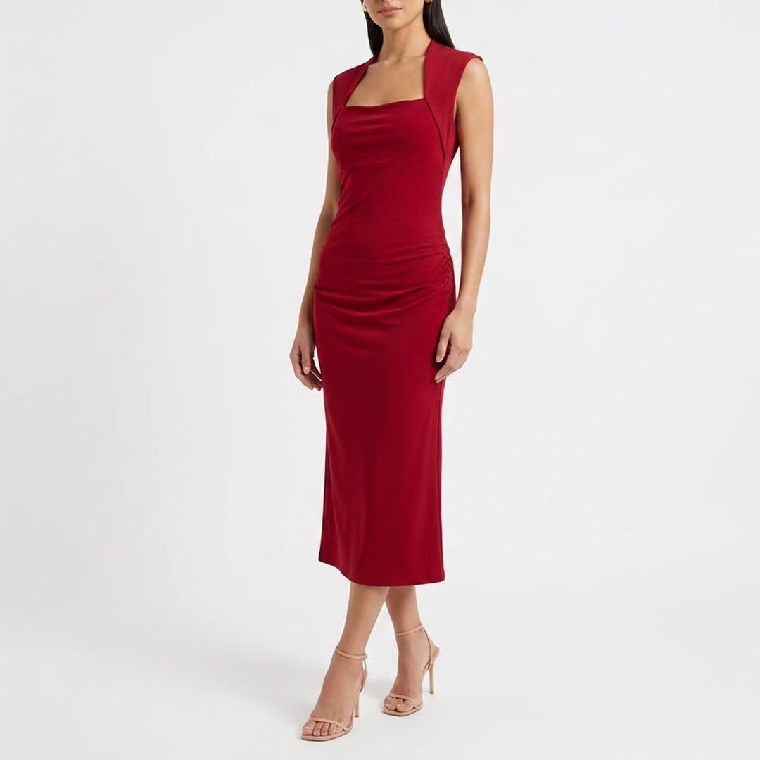 Sleeveless Ruched Midi Sheath Dress Burgundy Red Cowl Square Neck Size M