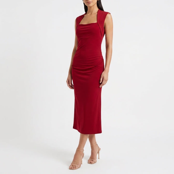 Sleeveless Ruched Midi Sheath Dress Burgundy Red Cowl Square Neck Size M