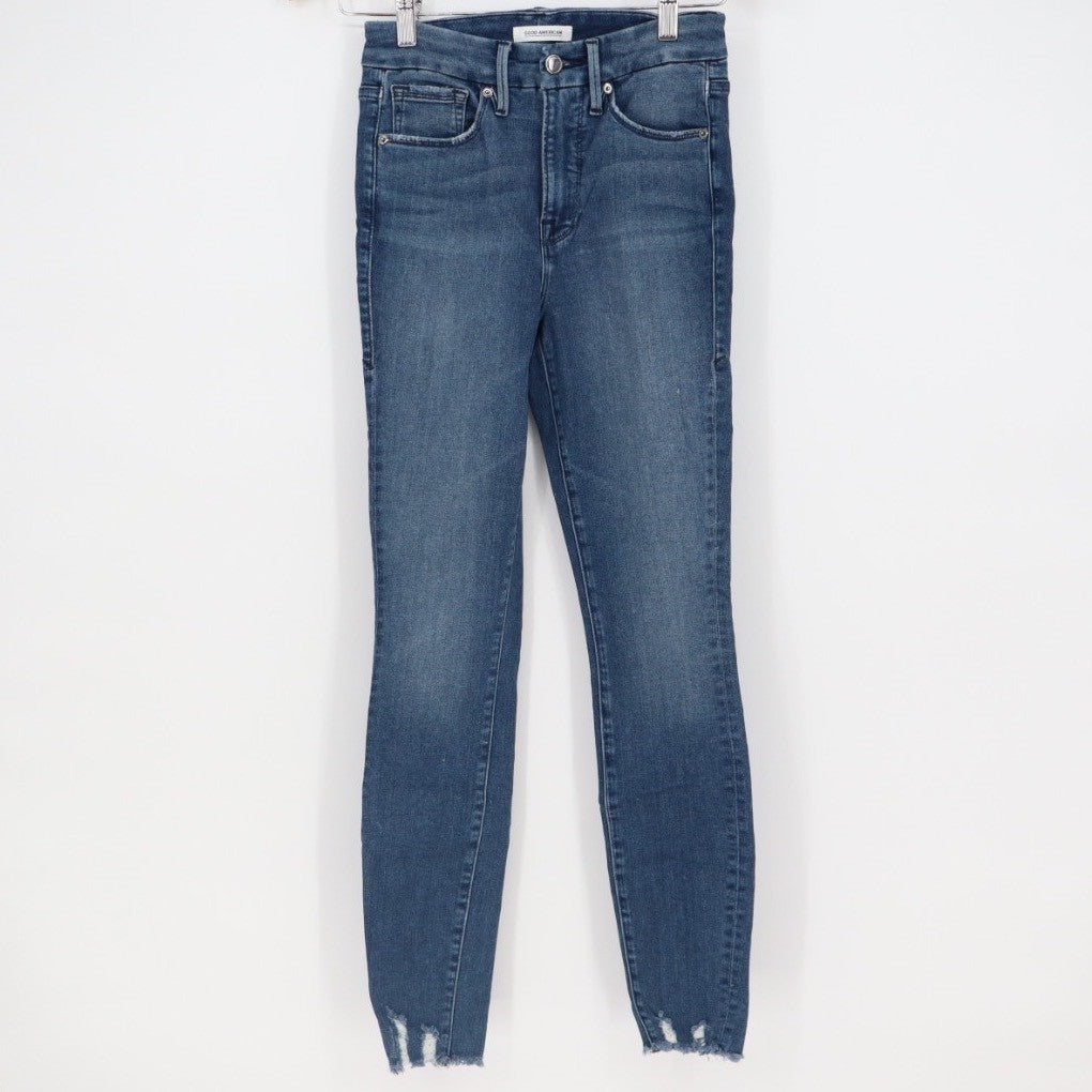 GOOD AMERICAN Good Waist High Rise Skinny Jeans Distressed Raw Hem Size 0 25