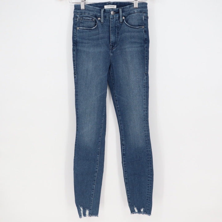 GOOD AMERICAN Good Waist High Rise Skinny Jeans Distressed Raw Hem Size 0 25