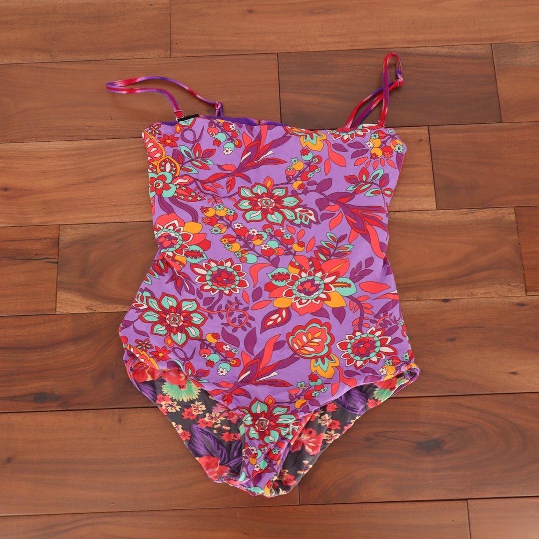 Womens Reversible One Piece Swimsuit Multicolor Floral Tie Dye Removable Straps