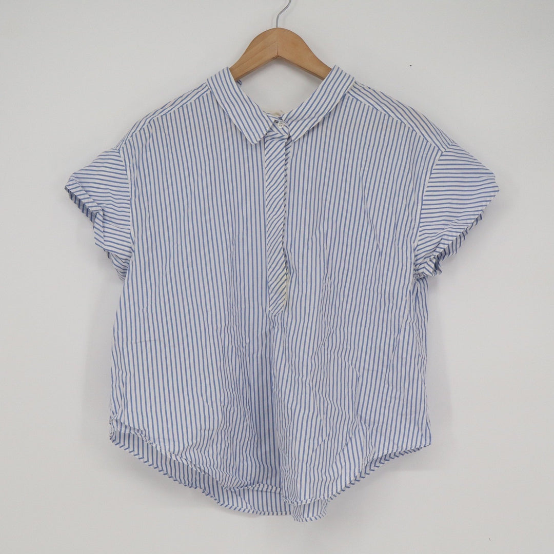 Mango Casual Blue White Striped Cotton Tie Back Short Sleeve Blouse Size 2 XS