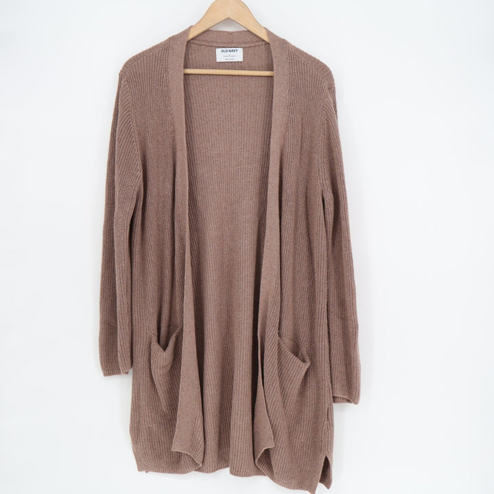 Gap Cardigan Sweater Women Medium Brown Knit Open Front Pockets Side Slit Ribbed